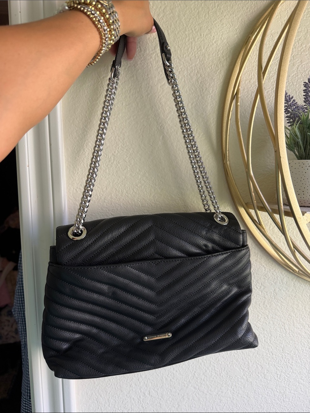 Rebecca Minkoff Black Quilted Shoulder Bag with Silver Chain - Picture 2 of 3